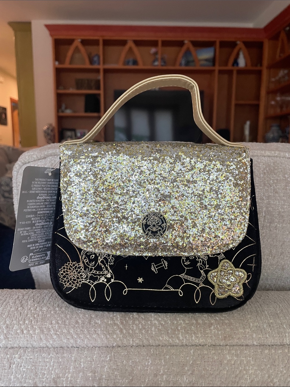 Disney Encanto NWT Glitter Floral Accent Top-Handle Girl’s Bag - Gold and Black